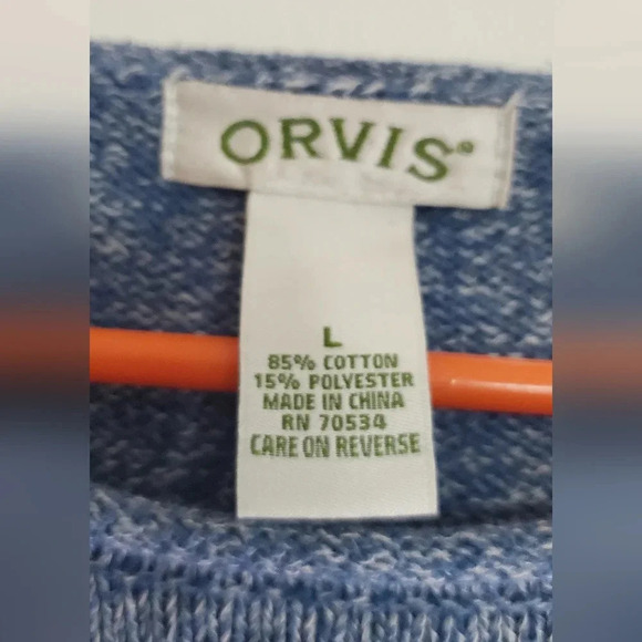 Orvis Blue Heathered Cotton Sweater Pull over Round Neck Size Large Casual Warm - Picture 2 of 5